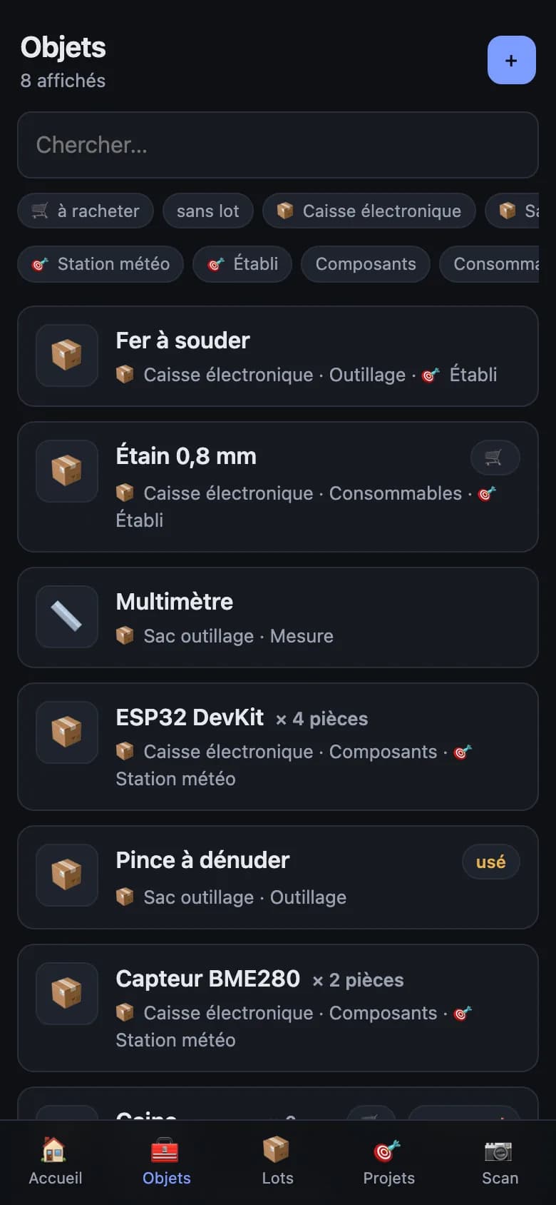 List of items in Barda, with filters by kit and by project
