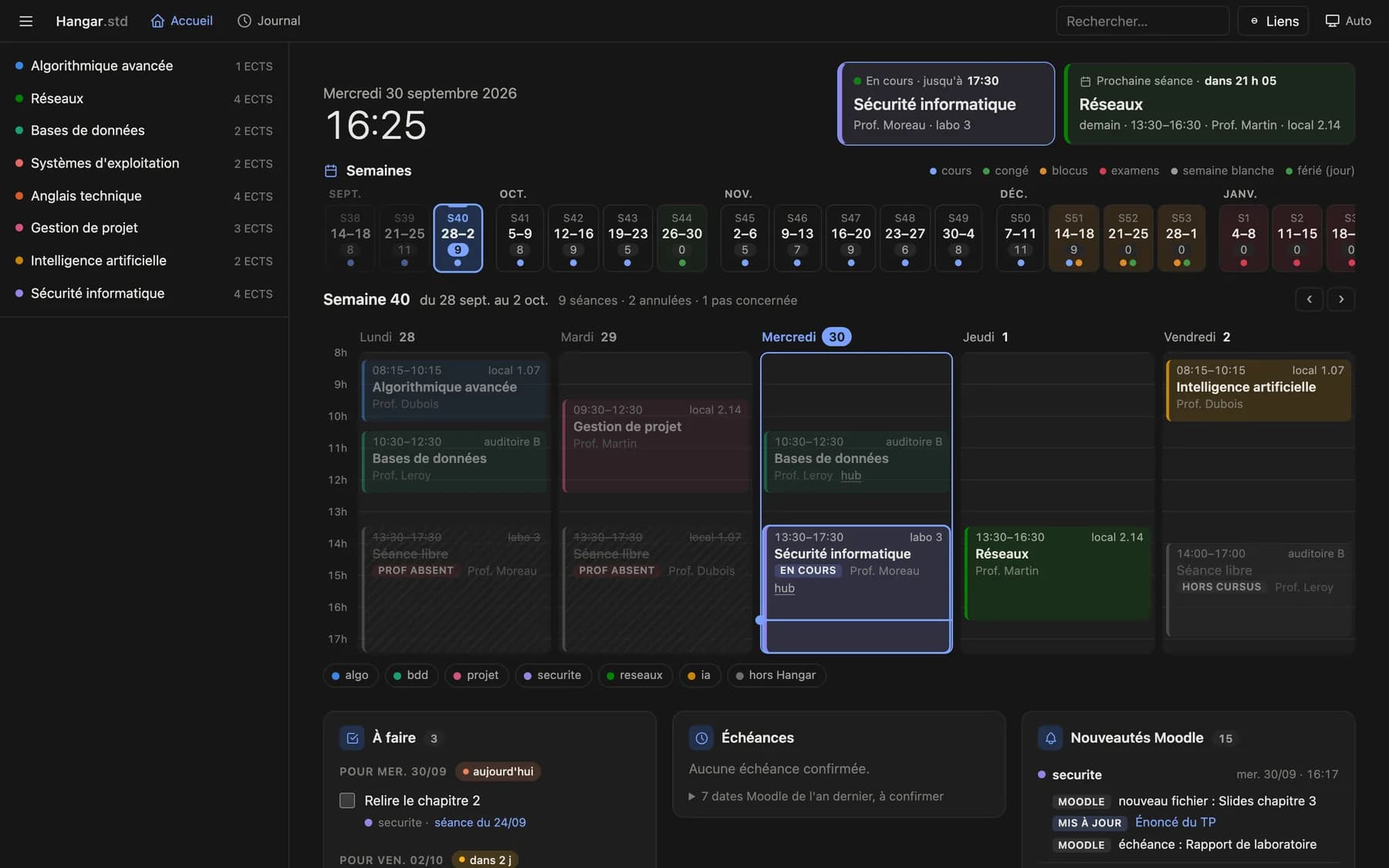 Hangar.std dashboard: current class, semester weeks, timetable and tasks