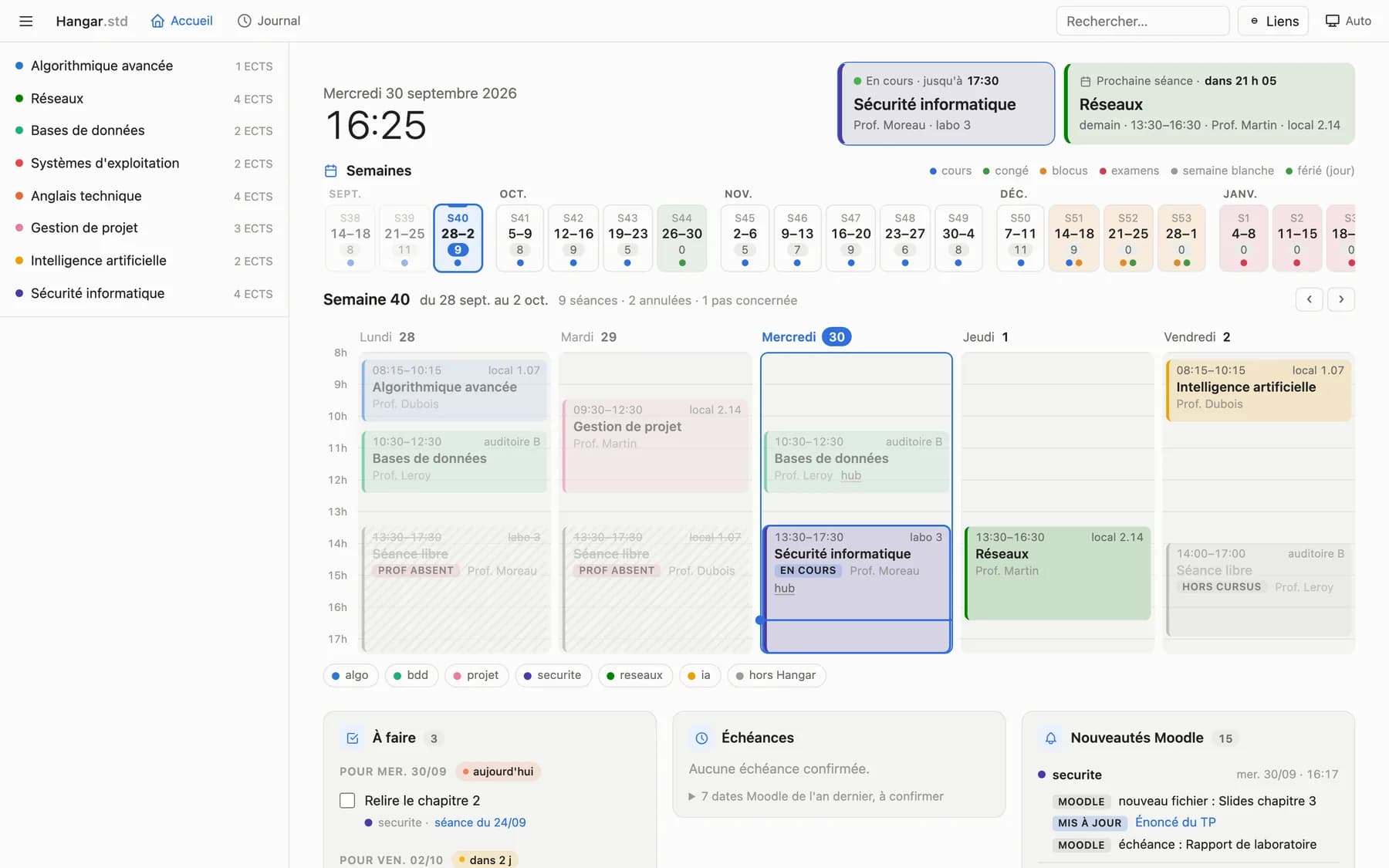 Hangar.std dashboard: current class, semester weeks, timetable and tasks