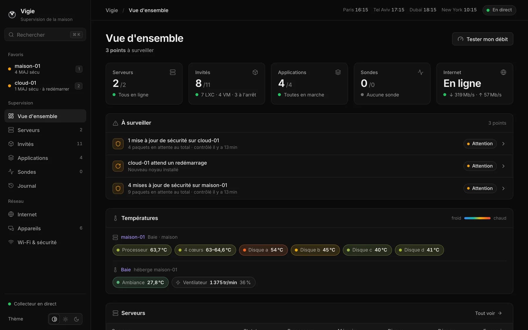 VIGIE overview: servers, applications, things to keep an eye on and temperatures