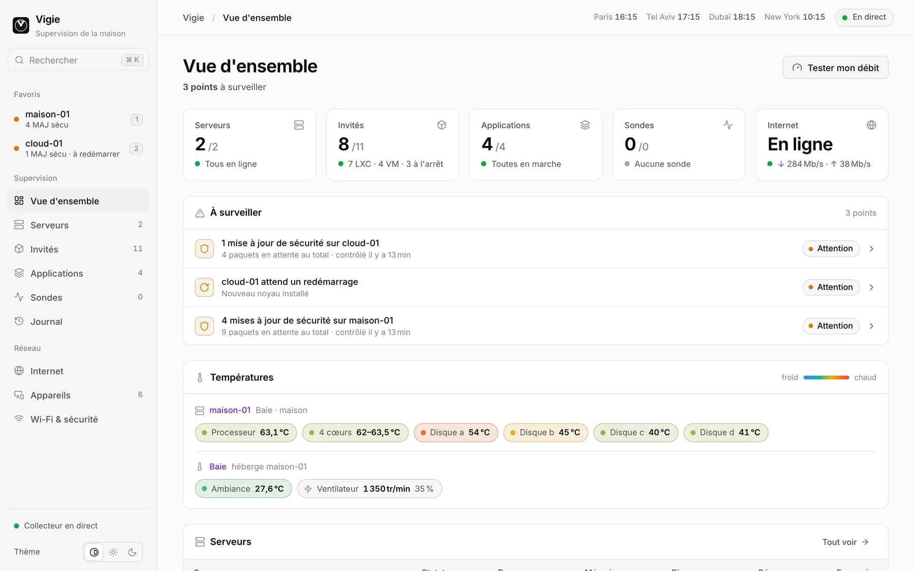 VIGIE overview: servers, applications, things to keep an eye on and temperatures