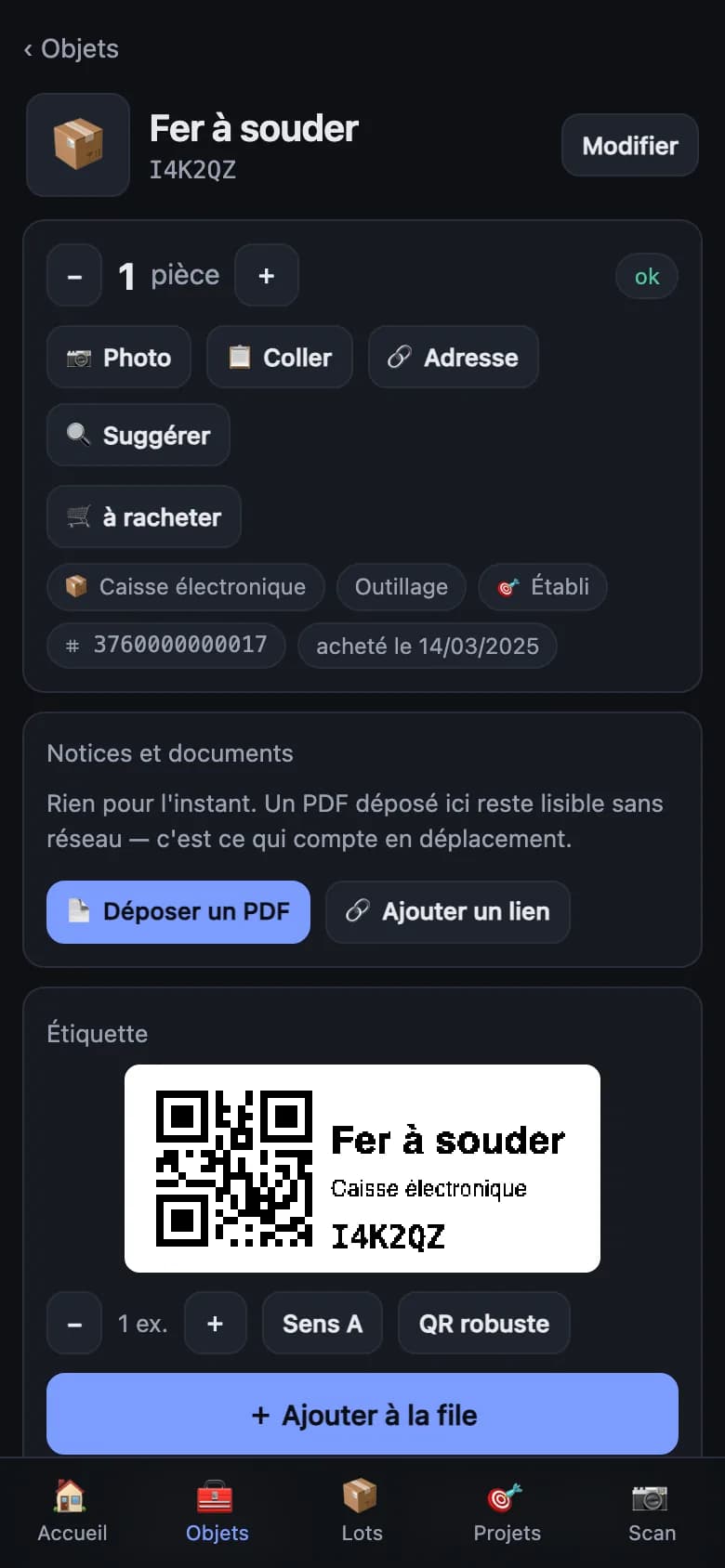 Barda’da bir malzemenin kartı ve QR etiketi (demo envanter)